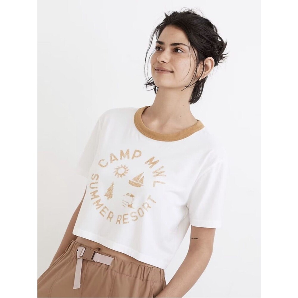 Madewell MWL Camp Summer Resort Crop Ringer Tee | White | Medium